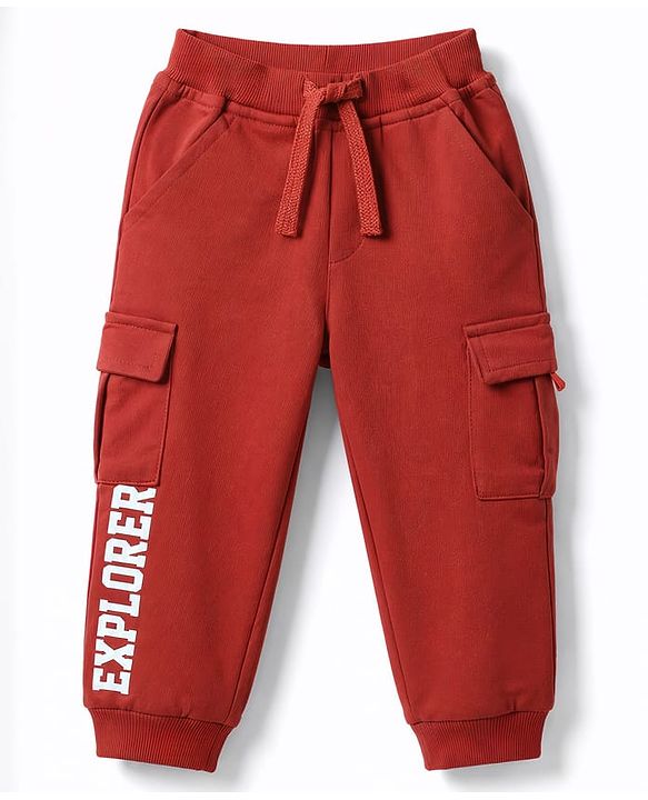 Babyhug 100% Cotton Terry Knit Full Length Lounge Pant with Text Print -Rust
