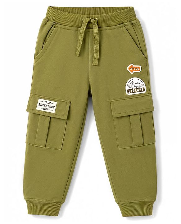 Babyhug 100% Cotton Terry Knit Full Length Lounge Pant With Cargo Pockets & Patch - Olive Green