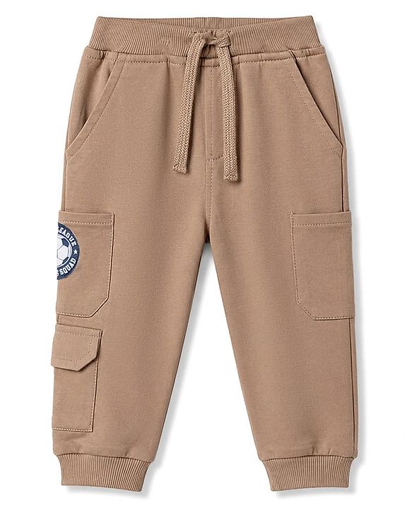 Babyhug 100% Cotton Terry Knit Full Length Lounge Pant With Patch - Beige
