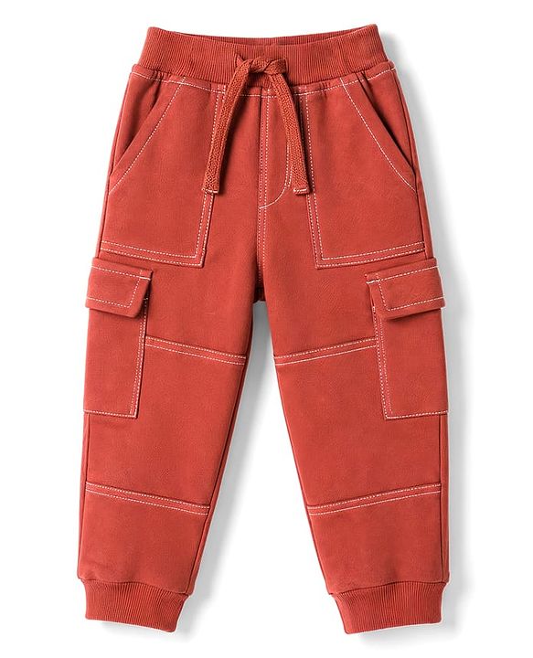 Babyhug 100% Cotton Terry Knit Full Length Cut N Sew Lounge Pant With Cargo Pockets - Rust Orange