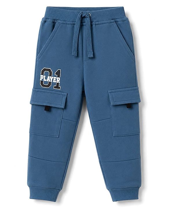 Babyhug 100% Cotton Terry Knit Full Length Text Printed Lounge Pant With Cargo Pockets - Blue