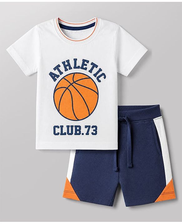 Babyhug 100% Cotton Single Jersey Knit Half Sleeves T-Shirt and Shorts with Basketball Print - White