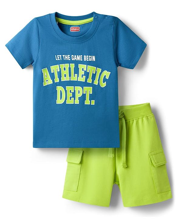 Babyhug Single Jersey Knit Half Sleeves T-Shirt & Shorts Set With Text Print - Blue & Limegreen
