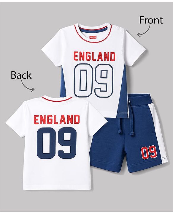 Babyhug 100% Cotton Single Jersey Knit Half Sleeves T-Shirt & Shorts Set England Print - White & Blue