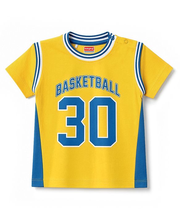 Babyhug 100% Cotton Terry Knit Half Sleeves T-Shirt & Shorts Set Basketball Print - Yellow & Blue