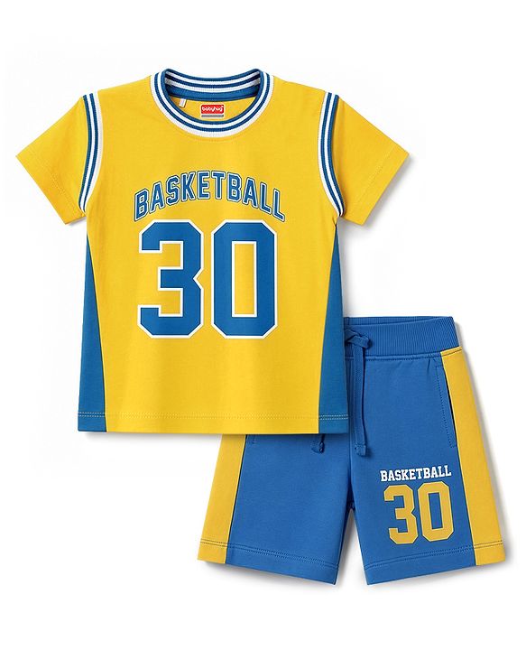 Babyhug 100% Cotton Terry Knit Half Sleeves T-Shirt & Shorts Set Basketball Print - Yellow & Blue