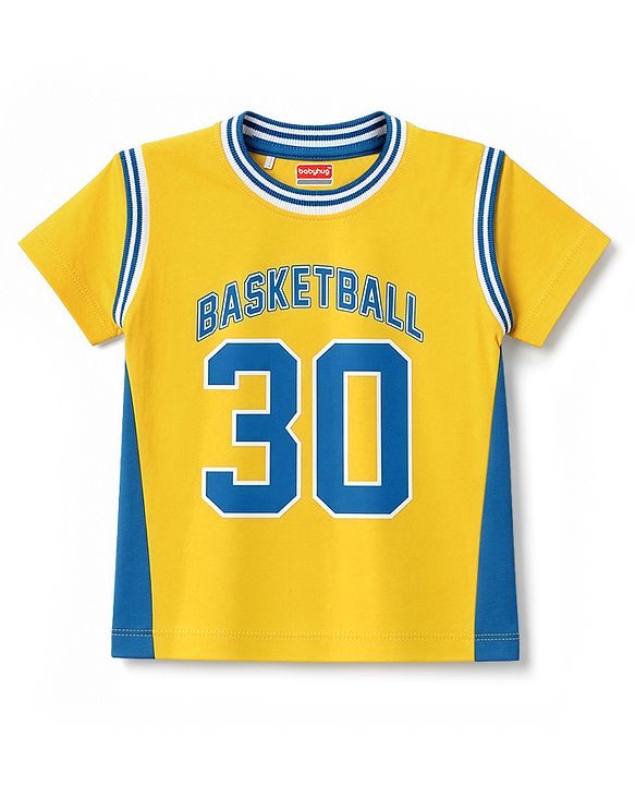 Babyhug 100% Cotton Terry Knit Half Sleeves T-Shirt & Shorts Set Basketball Print - Yellow & Blue