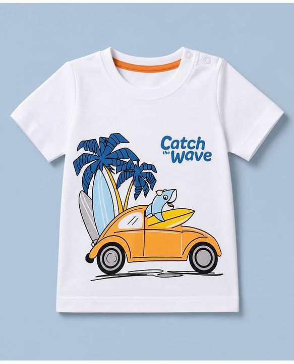 Babyhug 100% Cotton Knit Half Sleeves Beach Theme Printed T-Shirt & Shorts Set - White & Orange
