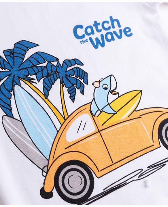 Babyhug 100% Cotton Knit Half Sleeves Beach Theme Printed T-Shirt & Shorts Set - White & Orange