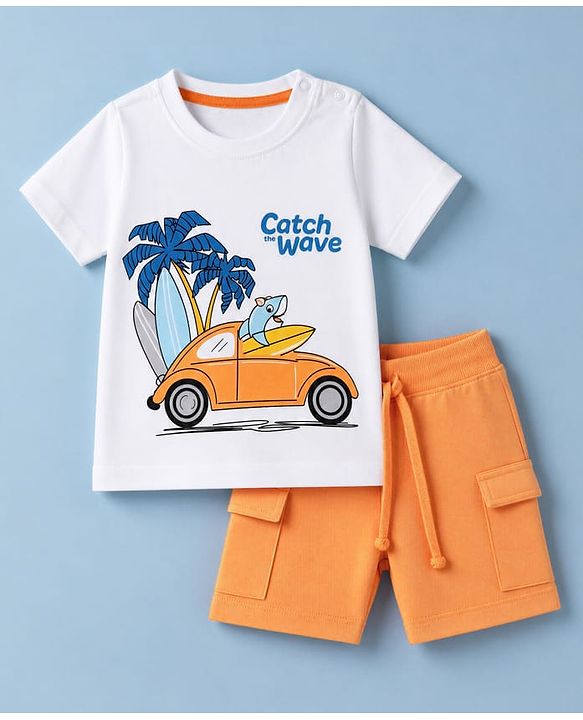 Babyhug 100% Cotton Knit Half Sleeves Beach Theme Printed T-Shirt & Shorts Set - White & Orange