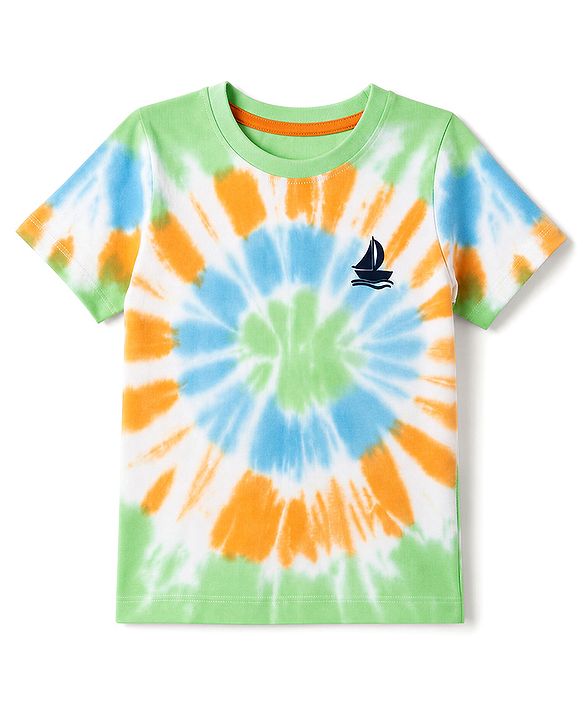 Babyhug 100% Cotton Knit Half Sleeves Tie & Dye Nautical Theme Printed Co-Ords T-Shirt & Shorts Set - Light Green