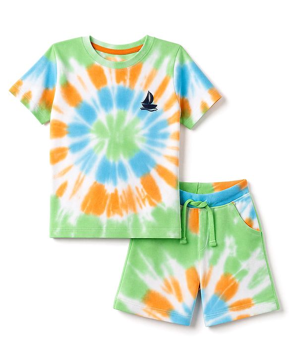 Babyhug 100% Cotton Knit Half Sleeves Tie & Dye Nautical Theme Printed Co-Ords T-Shirt & Shorts Set - Light Green