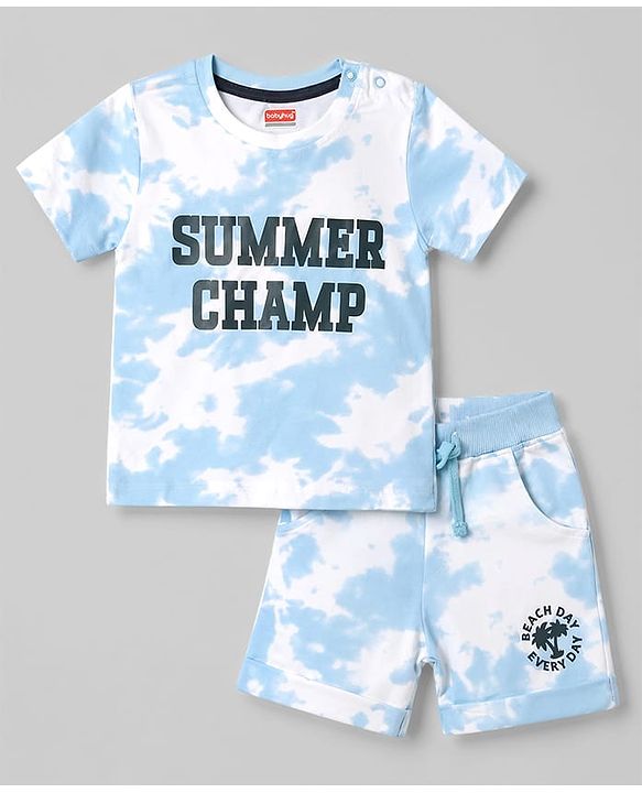 Babyhug Single Jersey Knit Half Sleeves Summer Camp Printed T-Shirt & Shorts Set With Tie Dye Pattern - Multicolor