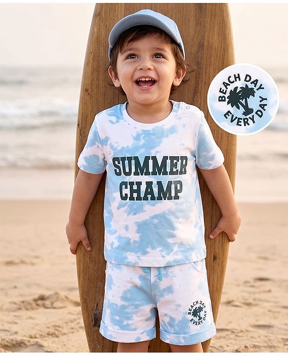 Babyhug Single Jersey Knit Half Sleeves Summer Camp Printed T-Shirt & Shorts Set With Tie Dye Pattern - Multicolor