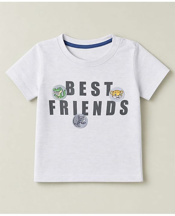 Babyhug 100% Cotton Knit Half Sleeves T-Shirt & Shorts Set With Animals Print - White & Navy Blue
