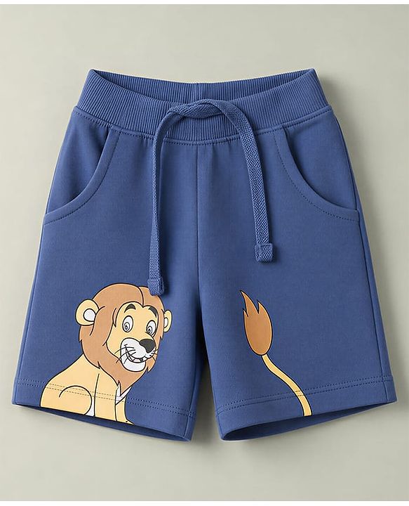 Babyhug 100% Cotton Knit Half Sleeves T-Shirt & Shorts Set With Animals Print - White & Navy Blue
