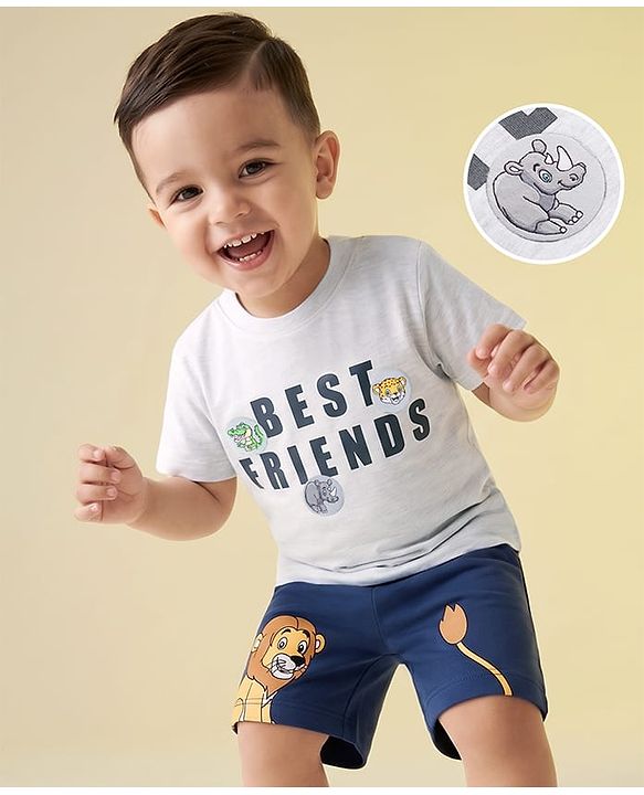 Babyhug 100% Cotton Knit Half Sleeves T-Shirt & Shorts Set With Animals Print - White & Navy Blue