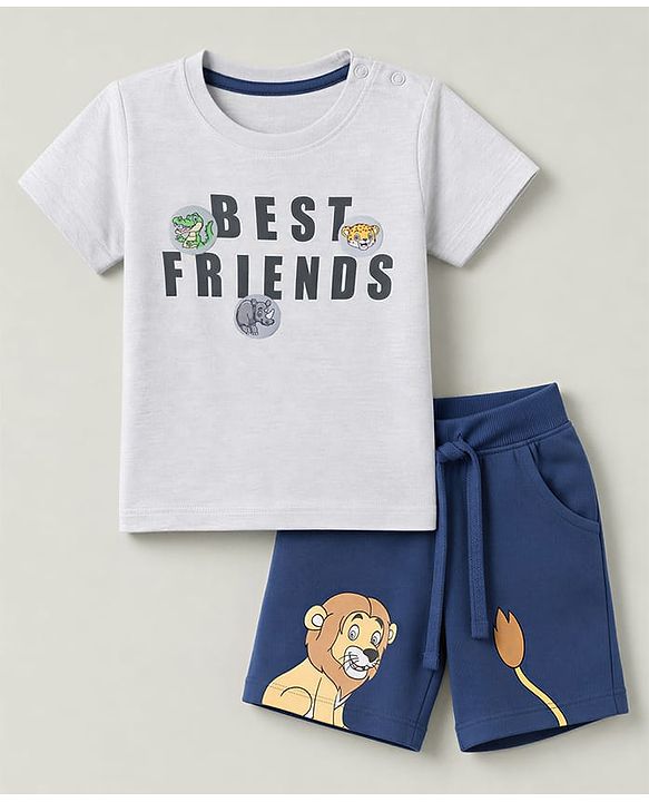 Babyhug 100% Cotton Knit Half Sleeves T-Shirt & Shorts Set With Animals Print - White & Navy Blue