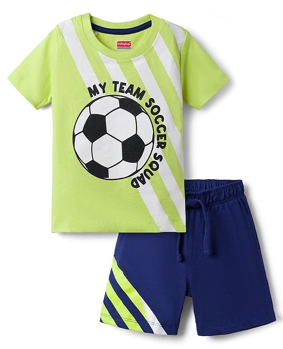Babyhug 100% Cotton Single Jersey Knit Half Sleeves Football Printed T-Shirt and Shorts Set - Light Green