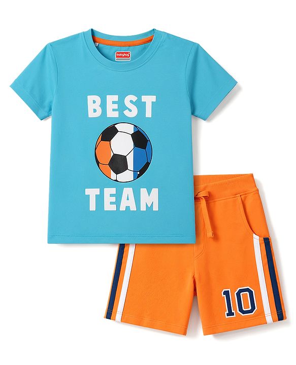 Babyhug 100% Cotton Single Jersey Knit Half Sleeves T-Shirt & Shorts Set Football Print - Orange & Blue