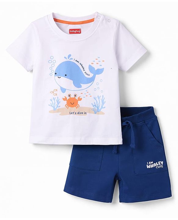 Babyhug Single Jersey Knit Half Sleeves T-Shirt & Shorts Set With Whale & Crab Print - White & Navy Blue
