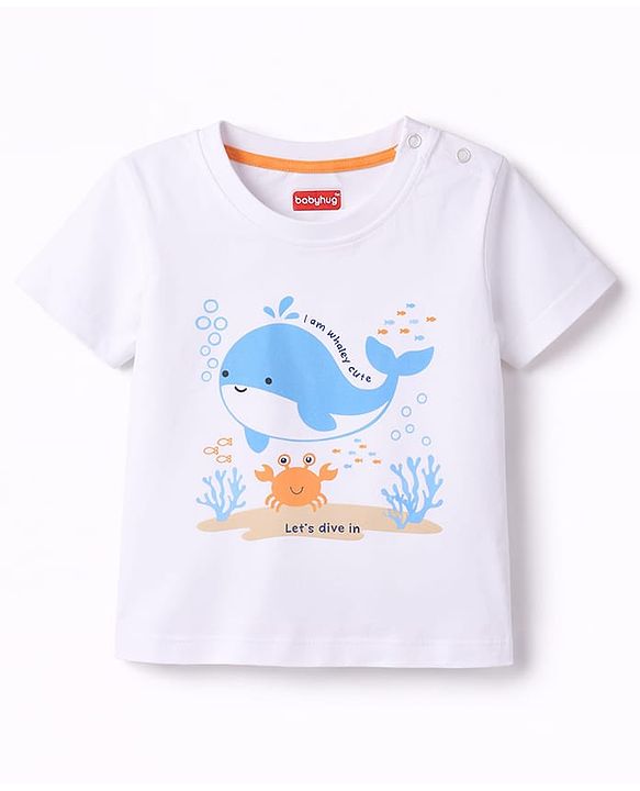 Babyhug Single Jersey Knit Half Sleeves T-Shirt & Shorts Set With Whale & Crab Print - White & Navy Blue