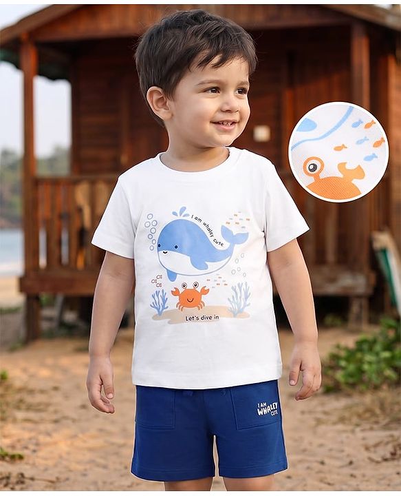 Babyhug Single Jersey Knit Half Sleeves T-Shirt & Shorts Set With Whale & Crab Print - White & Navy Blue