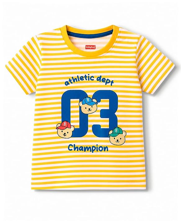 Babyhug 100% Cotton Single Jersey Knit Half Sleeves Striped T-Shirt & Shorts Set With Bear Print - Multicolor