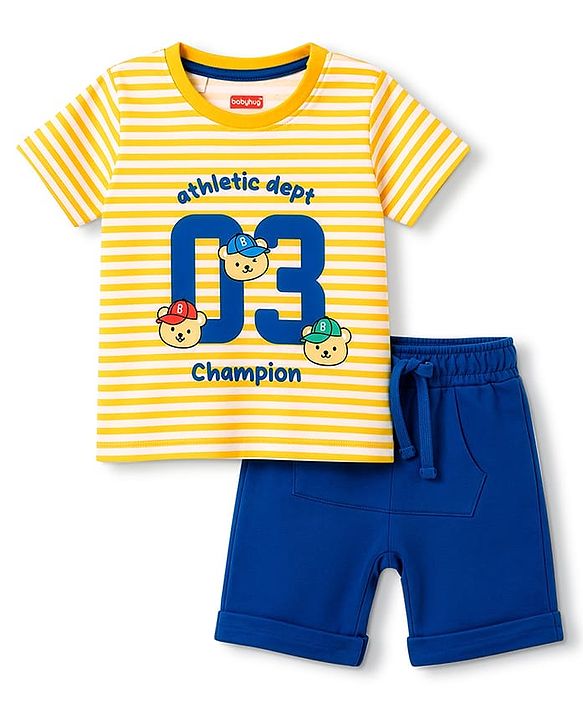 Babyhug 100% Cotton Single Jersey Knit Half Sleeves Striped T-Shirt & Shorts Set With Bear Print - Multicolor