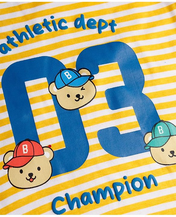 Babyhug 100% Cotton Single Jersey Knit Half Sleeves Striped T-Shirt & Shorts Set With Bear Print - Multicolor