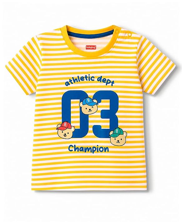 Babyhug 100% Cotton Single Jersey Knit Half Sleeves Striped T-Shirt & Shorts Set With Bear Print - Multicolor