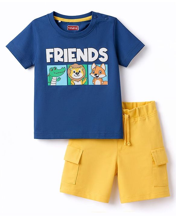 Babyhug Single Jersey Knit Half Sleeves T-Shirt & Shorts Set With Text Print - Navy Blue & Yellow