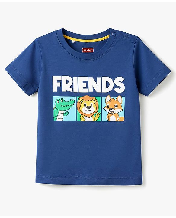 Babyhug Single Jersey Knit Half Sleeves T-Shirt & Shorts Set With Text Print - Navy Blue & Yellow