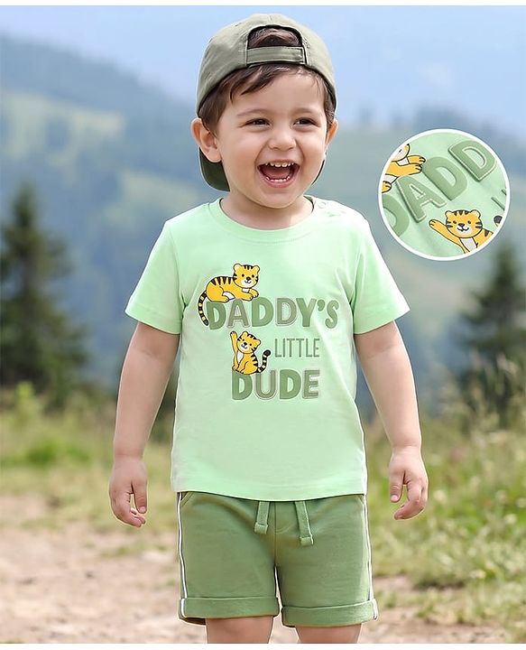 Babyhug Single Jersey Knit Half Sleeves Tiger Printed T-Shirt & Shorts Set - Light Green