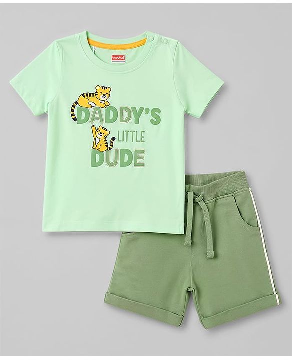 Babyhug Single Jersey Knit Half Sleeves Tiger Printed T-Shirt & Shorts Set - Light Green