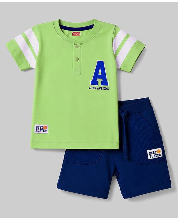 Babyhug 100% Cotton Single Jersey Knit Half Sleeves T-Shirt & Shorts Set Alphabet Print - Green Blue