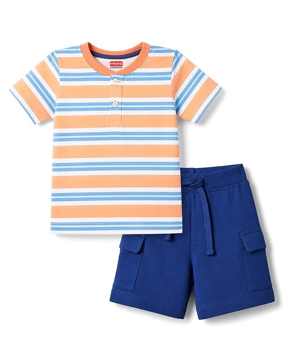 Babyhug 100% Cotton Single Jersey Knit Half Sleeves Striped T-Shirt & Shorts Set - Multicolor