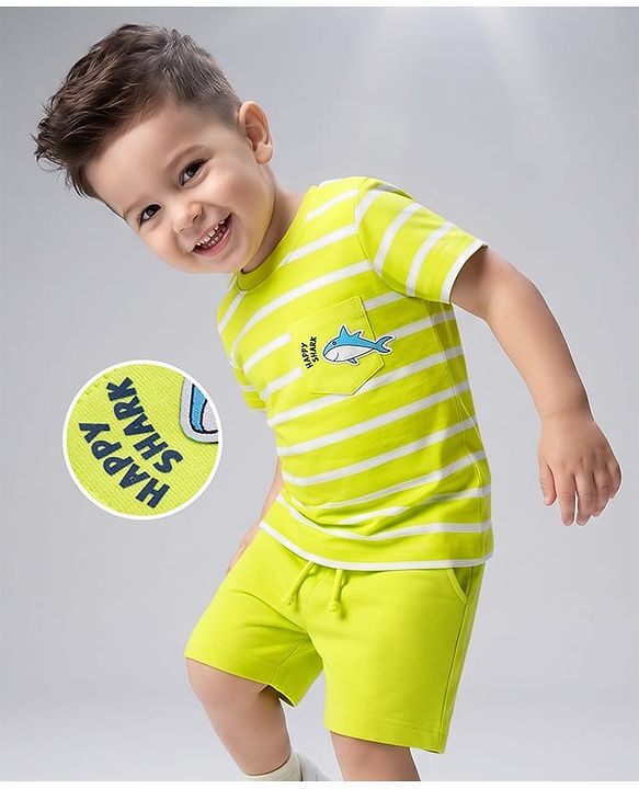 Babyhug 100% Cotton Knit Half Sleeves Striped & Sea Life Printed T-Shirt & Shorts Set - Lime Green