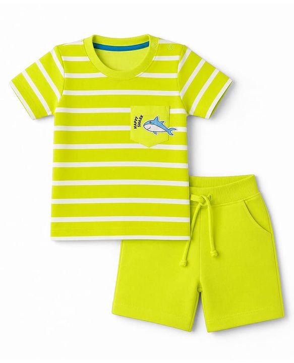 Babyhug 100% Cotton Knit Half Sleeves Striped & Sea Life Printed T-Shirt & Shorts Set - Lime Green