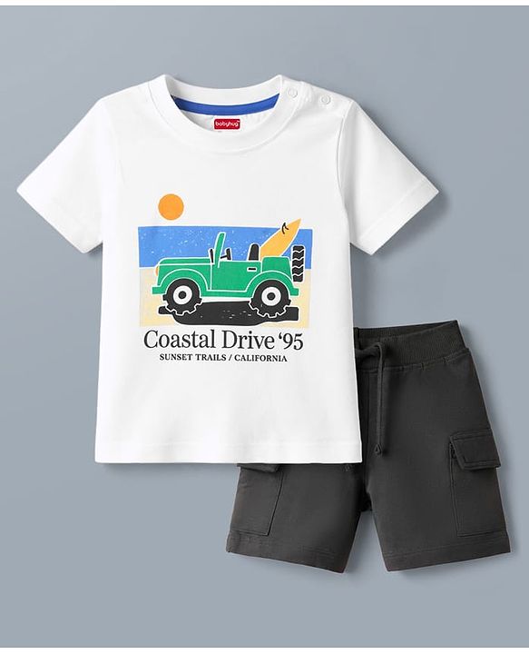 Babyhug 100% Cotton Single Jersey Knit Half Sleeves T-Shirt & Shorts Set With Car Print - White & Charcoal