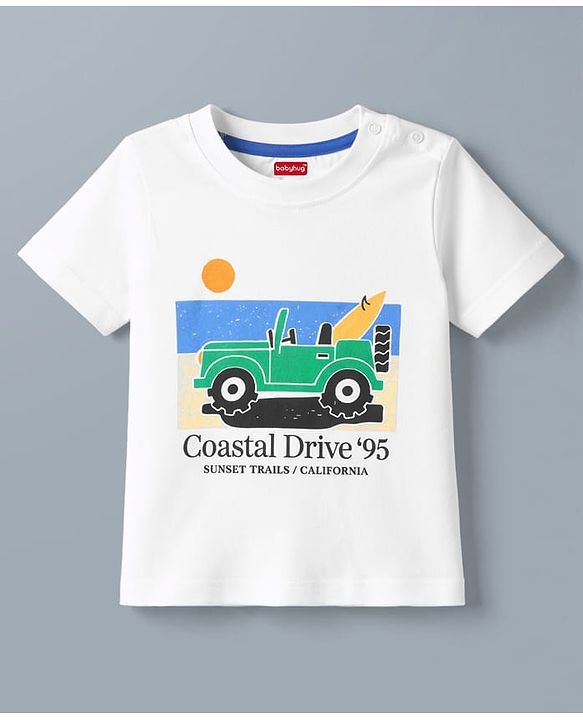 Babyhug 100% Cotton Single Jersey Knit Half Sleeves T-Shirt & Shorts Set With Car Print - White & Charcoal