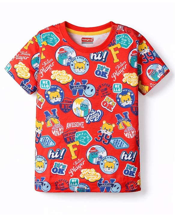 Babyhug Cotton Knit Half Sleeves T-Shirt With Text Print - Multicolor