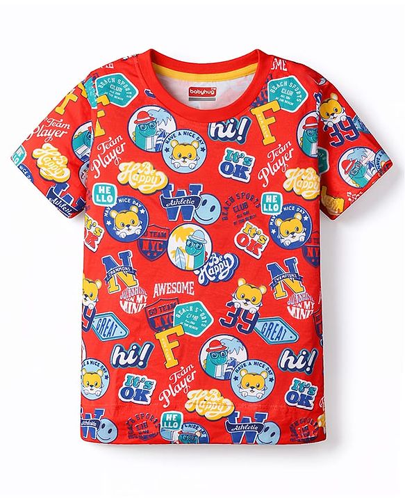 Babyhug Cotton Knit Half Sleeves T-Shirt With Text Print - Multicolor