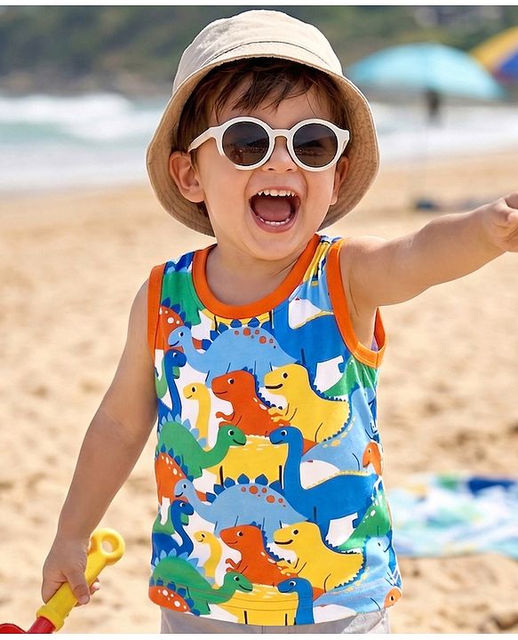 Babyhug Cotton Knit Sleeveless Tank T-Shirt With Dino Print - Multicolor