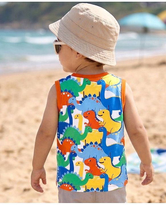 Babyhug Cotton Knit Sleeveless Tank T-Shirt With Dino Print - Multicolor