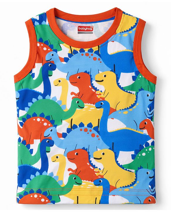 Babyhug Cotton Knit Sleeveless Tank T-Shirt With Dino Print - Multicolor