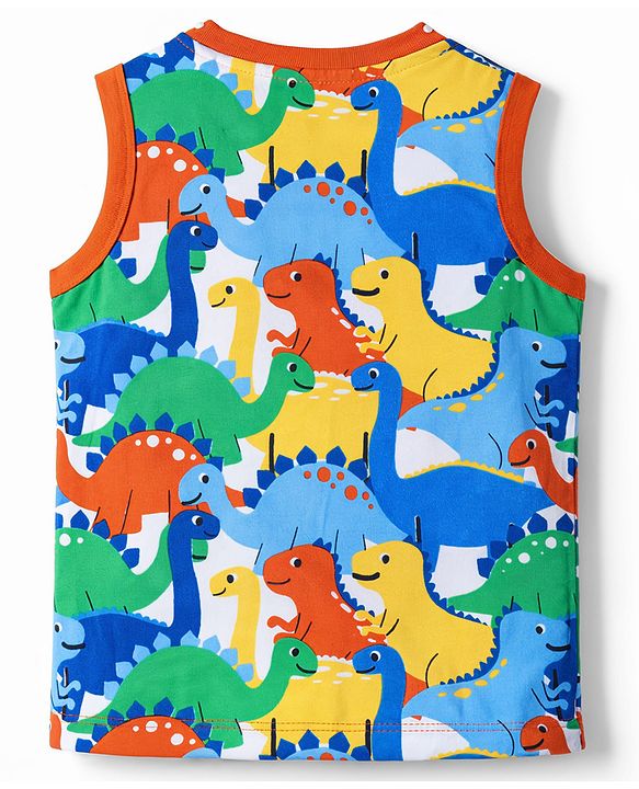 Babyhug Cotton Knit Sleeveless Tank T-Shirt With Dino Print - Multicolor