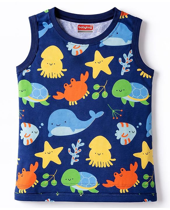 Babyhug Cotton Knit Sleeveless Tank T-Shirt With Sea Animals Print - Multicolor
