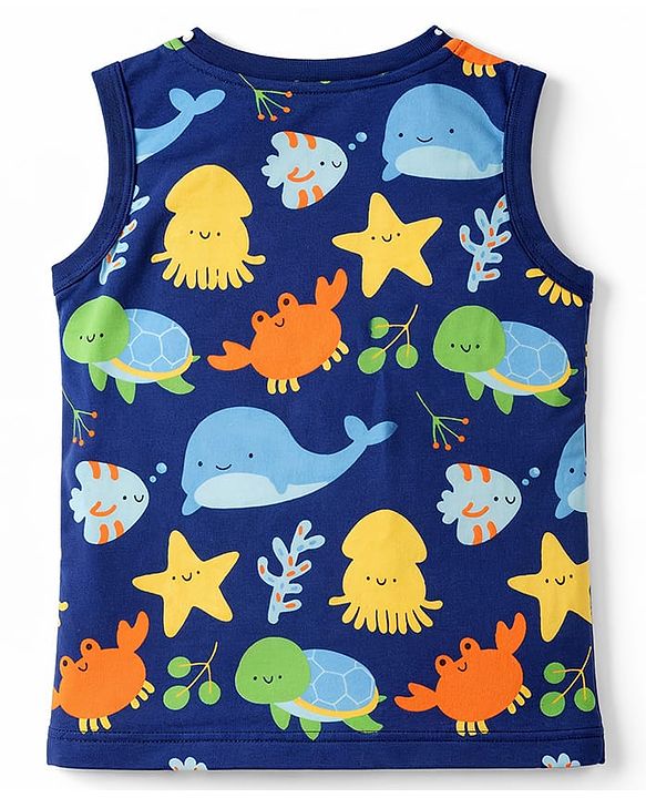 Babyhug Cotton Knit Sleeveless Tank T-Shirt With Sea Animals Print - Multicolor