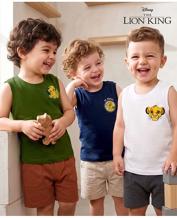 Babyhug Disney Cotton Single Jersey Knit T-Shirts with Sleeveless Styling and The Lion King Print in for in Navy Blue for Pack of 3 3-6 Months